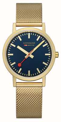 Mondaine Clássico | 36mm | mostrador azul | pulseira de malha de ouro ip A660.30314.40SBM