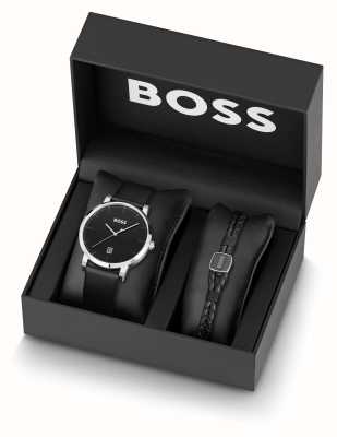BOSS Confiança dos homens | conjunto de presentes | relógio de mostrador preto com pulseira de couro 1570145