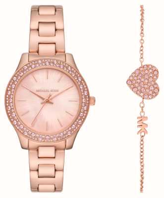 Michael Kors Liliane | conjunto de relógio em tom de ouro rosa e pulseira de coração de cristal MK1068SET