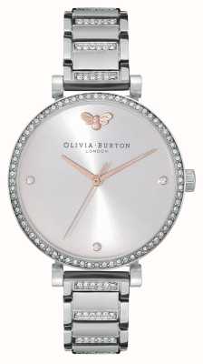 Olivia Burton Feminino | mostrador prateado | conjunto de cristal | pulseira de aço inoxidável 24000001