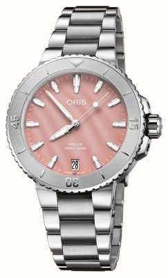 ORIS Aquis date automático (36,5 mm) mostrador em madrepérola rosa blush / pulseira em aço inoxidável 01 733 7770 4158-07 8 18 05P