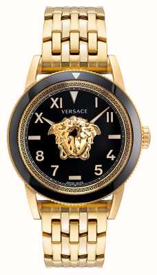 Versace V-palácio | mostrador preto | pulseira de aço pvd de ouro VE2V00322