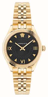 Versace Hellenio | mostrador preto | pulseira de aço pvd de ouro VE2S00622
