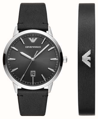 Emporio Armani Conjunto de presentes masculino | mostrador preto | pulseira de couro preto | pulseira de couro preto AR80064SET