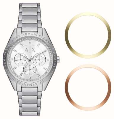 Armani Exchange Relógio feminino com moldura intercambiável | conjunto de cristal | aço inoxidável AX7142SET