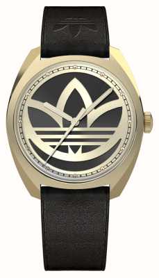 Adidas Edição um | mostrador de logotipo preto e dourado | pulseira de couro ecológico preta AOFH22512