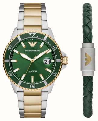 Emporio Armani Presente masculino | mostrador verde | pulseira de dois tons | pulseira de couro verde AR80063SET