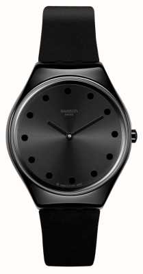 Swatch Faísca escura | mostrador preto | pulseira de couro preto SYXB106