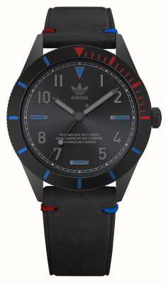 Adidas Edição três | mostrador preto | pulseira de couro ecológico preta AOFH22506