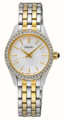 Seiko Feminino | mostrador branco | pulseira de aço inoxidável de dois tons SUR540P1