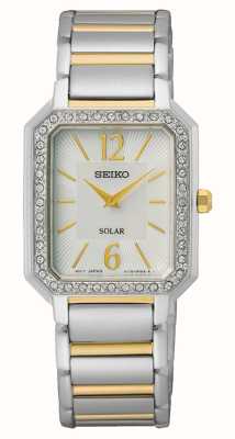 Seiko Feminino | mostrador retangular branco | pulseira de aço inoxidável de dois tons SUP466P1