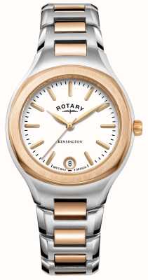 Rotary Kensington feminino | mostrador branco | pulseira de aço inoxidável de ouro rosa de dois tons LB05106/02