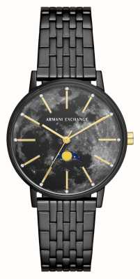 Armani Exchange Feminino | discagem de fases da lua preta | pulseira de aço inoxidável preta AX5587