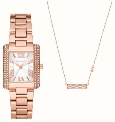 Michael Kors Presente de esmeril feminino | aço inoxidável ouro rosa | colar combinando MK1074SET