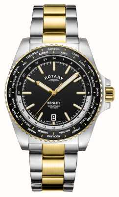 Rotary Henley | hora mundial | mostrador preto | pulseira de dois tons GB05371/04
