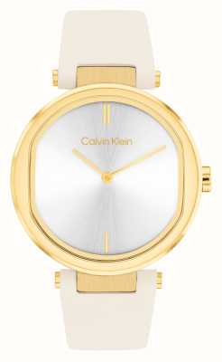 Calvin Klein Sensação feminina | mostrador prateado | pulseira de couro branco 25200254