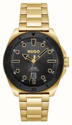 HUGO #visita Masculina | mostrador preto | pulseira de aço inoxidável de ouro 1530304