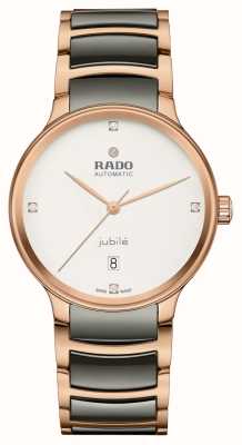 RADO Diamantes automáticos Centrix jubilé | mostrador branco | pulseira de aço inoxidável de cerâmica cinza e ouro rosa R30017722
