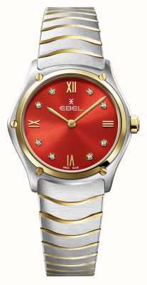 EBEL Senhora clássica desportiva - 8 diamantes (29 mm) mostrador vermelho delicioso / ouro 18k e aço inoxidável 1216594
