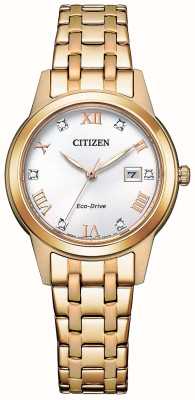 Citizen Cristal silhueta das mulheres | condução ecológica | mostrador branco | bracelete de aço inoxidável dourado FE1243-83A