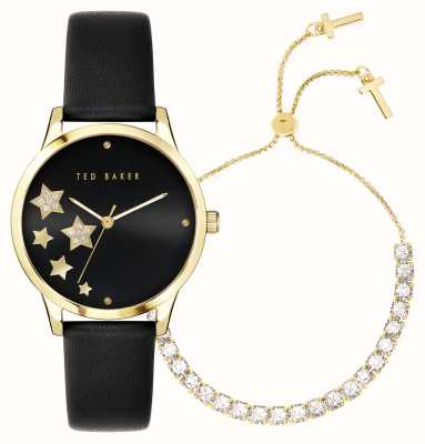 Ted Baker Conjunto de presente estrelado feminino com mostrador preto e pulseira de couro preto combinando com pulseira dourada BKGFW2217