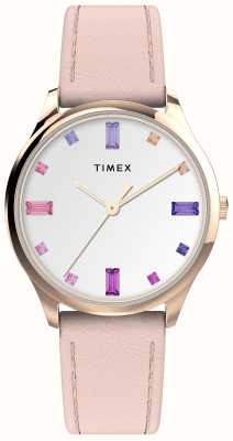 Timex Pulseira de couro rosa com mostrador branco de cristal branco da rua principal TW2V76400