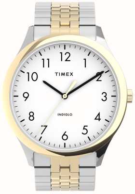 Timex Relógio masculino de fácil leitura (40 mm) com mostrador branco / pulseira de aço inoxidável bicolor TW2U40000