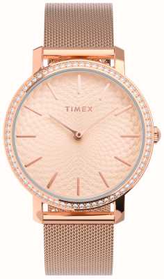 Timex Pulseira feminina com mostrador rosa transcendente / pulseira em malha de aço em tom de ouro rosa TW2V52500