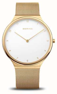 Bering Ultra fino mostrador branco / pulseira de malha de aço dourado 18440-334
