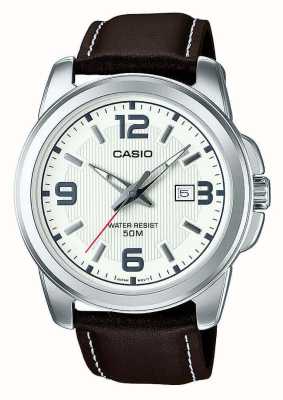 Casio Quartzo analógico série Mtp (44,9 mm) mostrador branco / pulseira de couro marrom MTP-1314PL-7AVEF