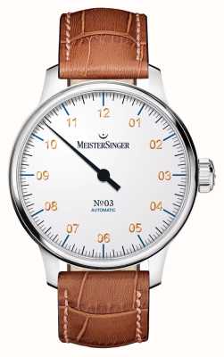 MeisterSinger No.03 mostrador branco / pulseira de couro marrom AM901G