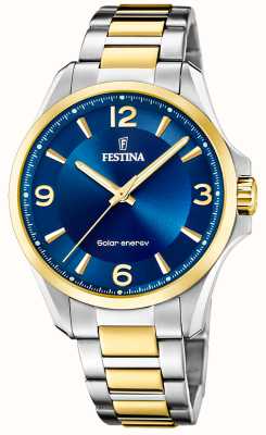 estina Energia solar masculina (41,5) mostrador azul / pulseira de aço inoxidável bicolor F20657/4