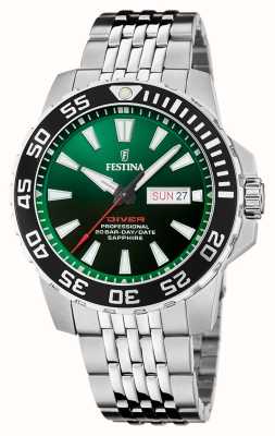 estina Homem mergulhador (45mm) mostrador verde / pulseira de aço inoxidável F20661/2