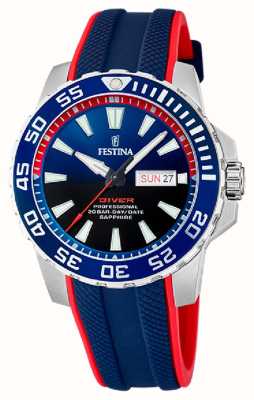 estina Diver masculino (45 mm) mostrador azul / pulseira de borracha azul e vermelha F20662/1