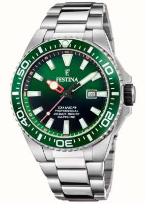 Festina Homem mergulhador (45,7 mm) mostrador verde / pulseira de aço inoxidável F20663/2
