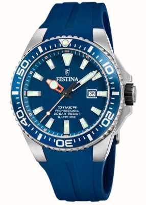estina Mergulhador masculino (45,7 mm) mostrador azul / pulseira de borracha azul F20664/1