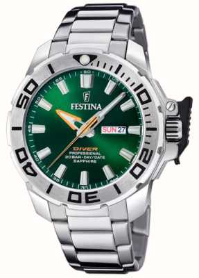 Festina Homem mergulhador (46,3 mm) mostrador verde / pulseira de aço inoxidável F20665/2