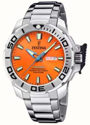 Festina Mergulhador masculino (46,3 mm) mostrador laranja / pulseira de aço inoxidável F20665/5