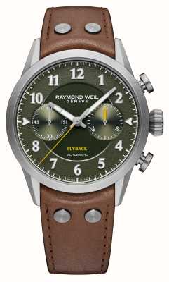 Raymond Weil Cronógrafo piloto flyback masculino freelancer (42 mm) mostrador verde / pulseira de couro marrom 7783-TIC-05520