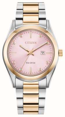 Citizen Mostrador feminino eco-drive (33 mm) cravejado de diamantes rosa / pulseira de aço inoxidável bicolor EW2706-58X