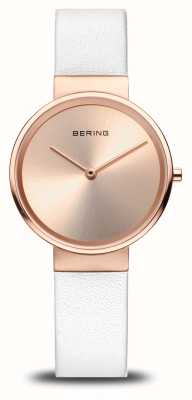 Bering Clássico (31 mm) feminino com mostrador em ouro rosa / pulseira em couro branco 14531-266