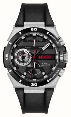 HUGO #wild (46mm) mostrador preto / pulseira de couro preto 1530336