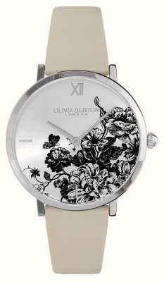 Olivia Burton Mostrador prateado com flores florais (35 mm) / pulseira de couro pérola antiga 24000113