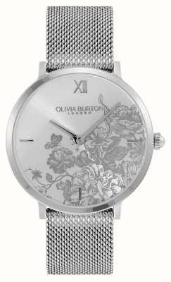 Olivia Burton Flores florais mostrador floral prateado / pulseira de malha de aço 24000115