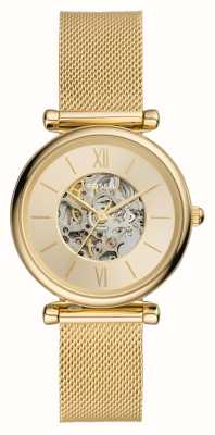 Fossil Mostrador automático Carlie (35 mm) recortado em ouro / pulseira em malha de aço dourado ME3250