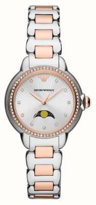 Emporio Armani Mostrador feminino prateado com fase da lua (32 mm) / pulseira em aço inoxidável de dois tons AR11567