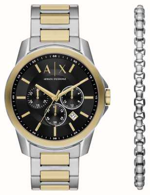 Armani Exchange Conjunto de presente masculino (44 mm) mostrador preto / pulseira de dois tons com pulseira combinando AX7148SET