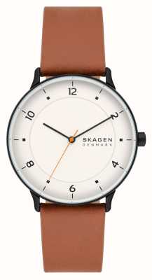 Skagen Riis (40mm) mostrador branco / pulseira de couro marrom SKW6883