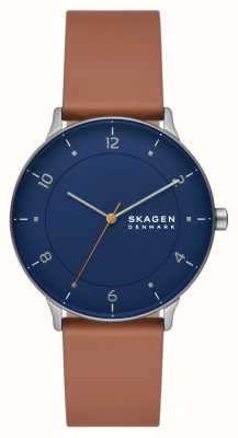 Skagen Riis (40mm) mostrador azul / pulseira de couro marrom SKW6885