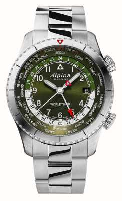 Alpina Startimer piloto quartzo worldtimer (41 mm) mostrador verde / aço inoxidável AL-255GR4S26B